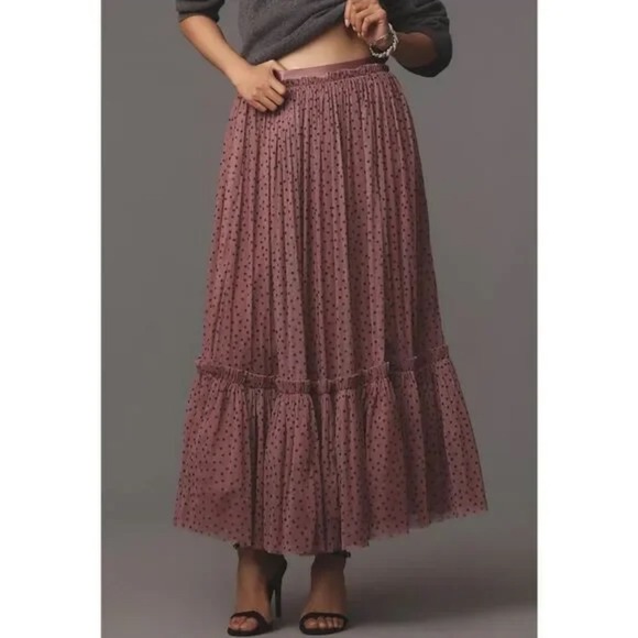 Maeve Anthropologie Women's Tiered Polka Dot Tulle Maxi Skirt Mauve Pink Size M